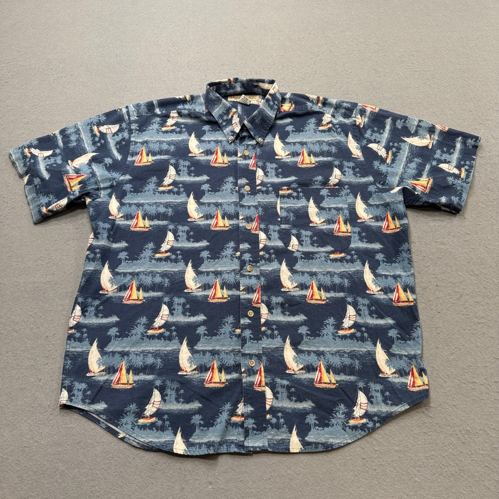 Vintage 90s Hawaiian Shirt Men's Large Blue Sailboat Graphic Button Up Sailing